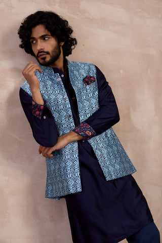 Arjan Dugal Navy And Teal Maze Nehru Jacket Set available on indiaspopup