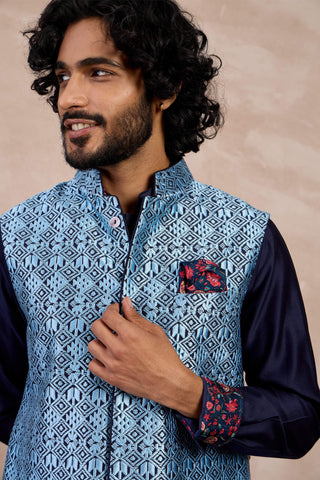 Arjan Dugal Navy And Teal Maze Nehru Jacket Set available on indiaspopup