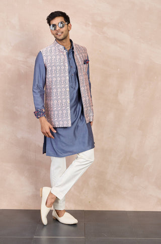 Arjan Dugal Steel And Powder Pink Maze Nehru Jacket Set available on indiaspopup