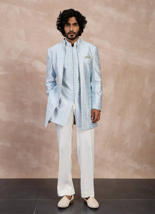 Arjan Dugal Ivory And Powder Blue Maze Open Bandhgala Set available on indiaspopup