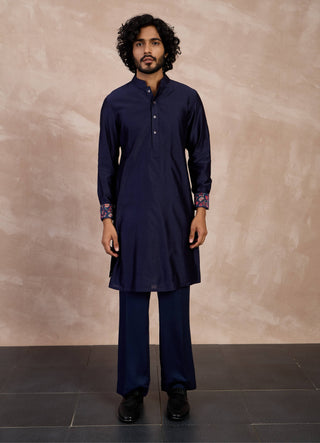 Navy plain chanderi silk straight kurta set