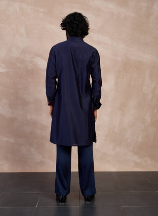 Arjan Dugal Navy Plain Chanderi Silk Straight Kurta Set available on indiaspopup