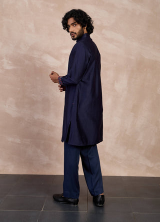 Navy plain chanderi silk straight kurta set