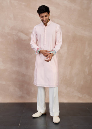 Arjan Dugal Powder Pink Plain Chanderi Straight Kurta Set available on indiaspopup