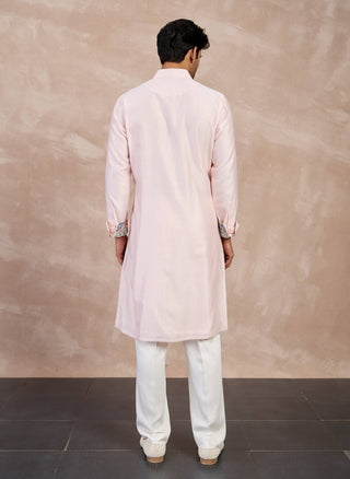 Arjan Dugal Powder Pink Plain Chanderi Straight Kurta Set available on indiaspopup