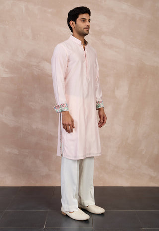 Arjan Dugal Powder Pink Plain Chanderi Straight Kurta Set available on indiaspopup