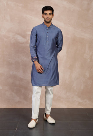 Arjan Dugal Steel Plain Chanderi Silk Straight Kurta Set available on indiaspopup