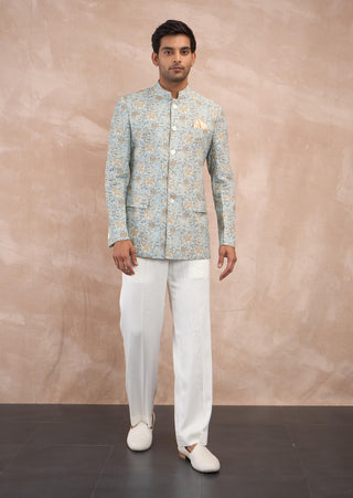 Arjan Dugal Powder Blue Sunflower Linen Bandhgala Set available on indiaspopup