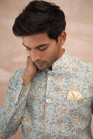 Arjan Dugal Powder Blue Sunflower Linen Bandhgala Set available on indiaspopup