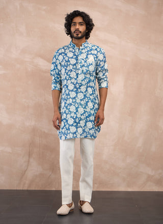 Arjan Dugal Cobalt Blue Printed Kurta And Pants available on indiaspopup