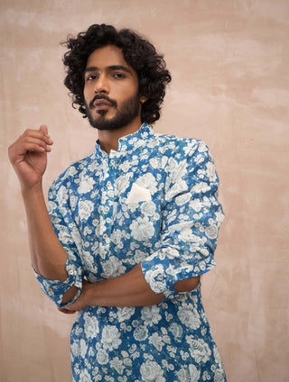 Arjan Dugal Cobalt Blue Printed Kurta And Pants available on indiaspopup