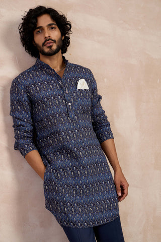 Arjan Dugal Navy Ajrak Printed Kurta And Pants available on indiaspopup