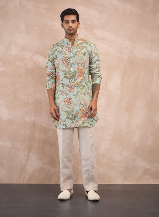 Sea green zaal print kurta and pants