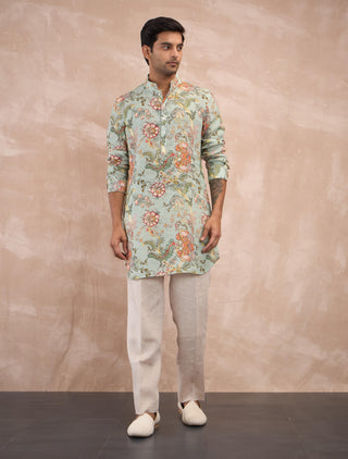 Sea green zaal print kurta and pants