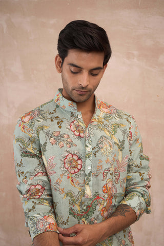 Sea green zaal print kurta and pants