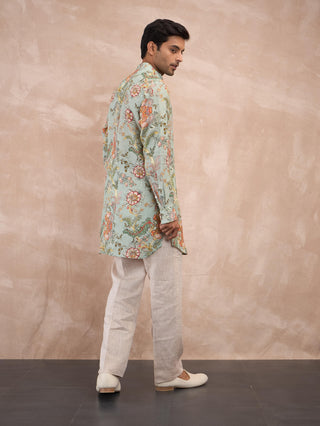 Sea green zaal print kurta and pants