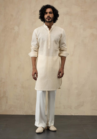 Arjan Dugal Off-White Star Straight Kurta Set available on indiaspopup