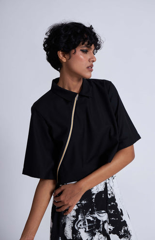 Advait-Black Kuro Asymmetrical Zip Shirt-INDIASPOPUP.COM