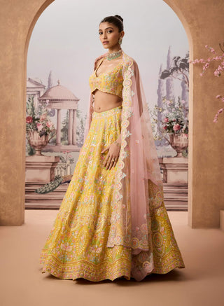 Yellow Floral Baroque Lehenga Set by Aneesh Agarwaal available on Indiaspopup.com