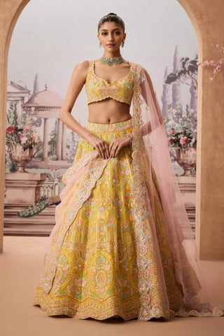 Yellow Floral Baroque Lehenga Set by Aneesh Agarwaal available on Indiaspopup.com