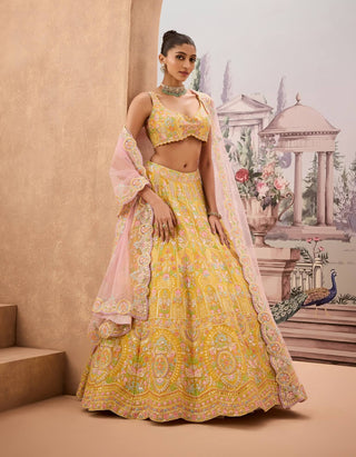 Yellow Floral Baroque Lehenga Set by Aneesh Agarwaal available on Indiaspopup.com