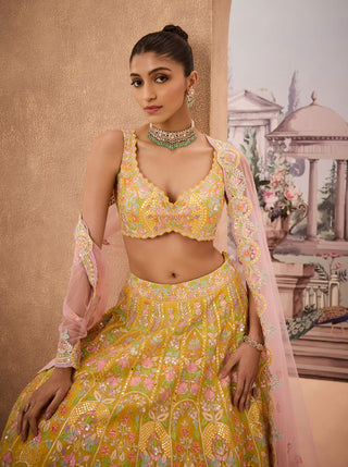 Yellow Floral Baroque Lehenga Set by Aneesh Agarwaal available on Indiaspopup.com