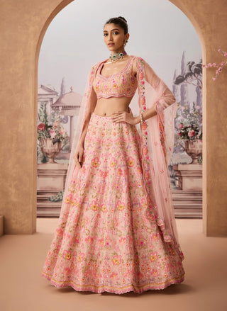 Salmon Pink Embroidered Lehenga Set by Aneesh Agarwaal available on Indiaspopup.com