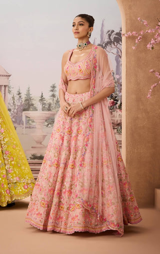 Salmon Pink Embroidered Lehenga Set by Aneesh Agarwaal available on Indiaspopup.com