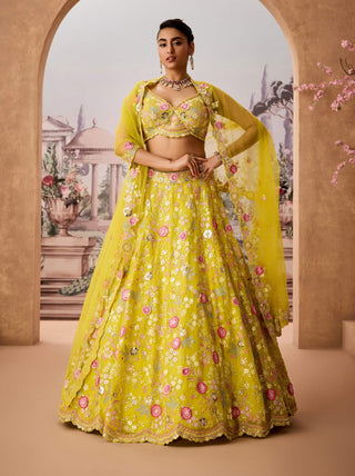 Lime Green Embroidered Lehenga Set by Aneesh Agarwaal available on Indiaspopup.com