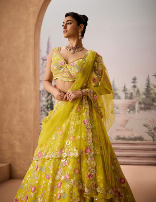 Lime Green Embroidered Lehenga Set by Aneesh Agarwaal available on Indiaspopup.com