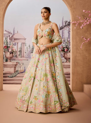 Aqua Forest Embroidered Lehenga Set by Aneesh Agarwaal available on Indiaspopup.com