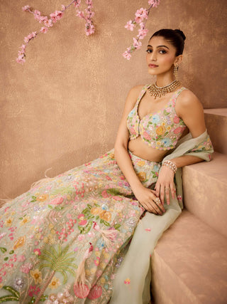 Aqua Forest Embroidered Lehenga Set by Aneesh Agarwaal available on Indiaspopup.com