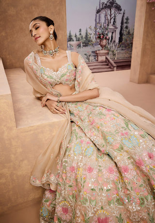 Dirty Ivory Floral Embroidered Lehenga Set by Aneesh Agarwaal available on Indiaspopup.com