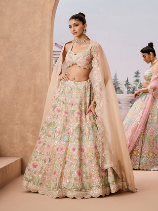 Dirty Ivory Floral Embroidered Lehenga Set by Aneesh Agarwaal available on Indiaspopup.com