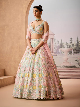 Mint Floral Embroidered Lehenga Set by Aneesh Agarwaal available on Indiaspopup.com