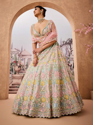 Mint Floral Embroidered Lehenga Set by Aneesh Agarwaal available on Indiaspopup.com