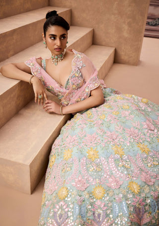 Mint Floral Embroidered Lehenga Set by Aneesh Agarwaal available on Indiaspopup.com