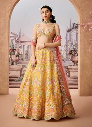 Vibrant Yellow Embroidered Lehenga Set by Aneesh Agarwaal available on Indiaspopup.com