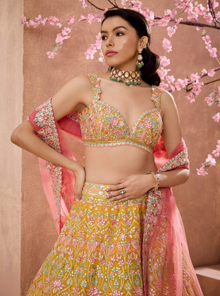 Vibrant Yellow Embroidered Lehenga Set by Aneesh Agarwaal available on Indiaspopup.com