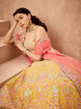 Vibrant Yellow Embroidered Lehenga Set by Aneesh Agarwaal available on Indiaspopup.com