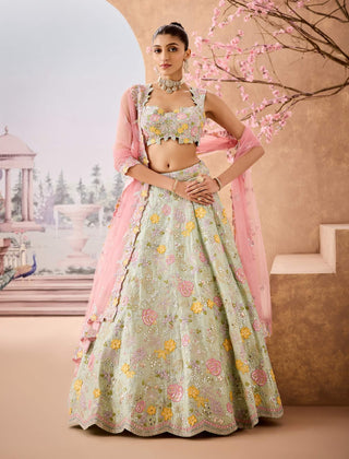 Mint Floral Embroidered Lehenga Set by Aneesh Agarwaal available on Indiaspopup.com