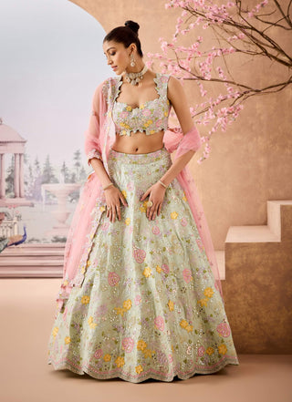 Mint Floral Embroidered Lehenga Set by Aneesh Agarwaal available on Indiaspopup.com