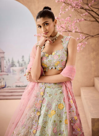 Mint Floral Embroidered Lehenga Set by Aneesh Agarwaal available on Indiaspopup.com