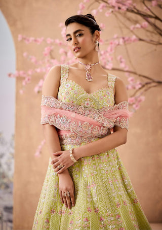 Fresh Lime Embroidered Lehenga Set by Aneesh Agarwaal available on Indiaspopup.com