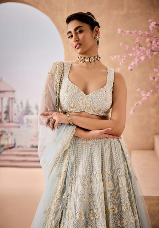 Sky Blue Heritage Pattern Lehenga Set by Aneesh Agarwaal available on Indiaspopup.com