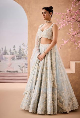 Sky Blue Heritage Pattern Lehenga Set by Aneesh Agarwaal available on Indiaspopup.com