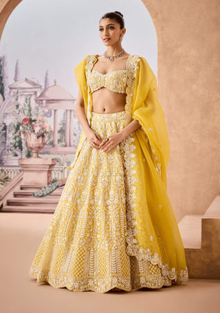 Yellow Thread Embroidery Lehenga Set by Aneesh Agarwaal available on Indiaspopup.com