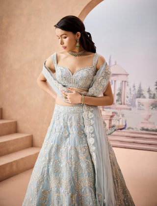 Blue Art Deco Flower Lehenga Set by Aneesh Agarwaal available on Indiaspopup.com