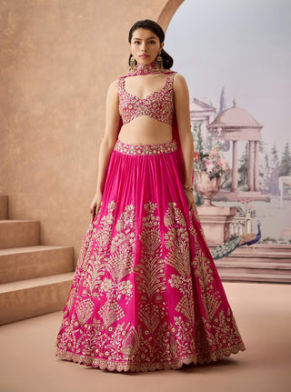 Fuchsia Mughul Motif Lehenga Set by Aneesh Agarwaal available on Indiaspopup.com