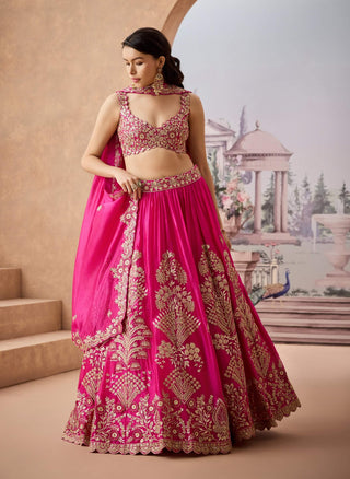 Fuchsia Mughul Motif Lehenga Set by Aneesh Agarwaal available on Indiaspopup.com